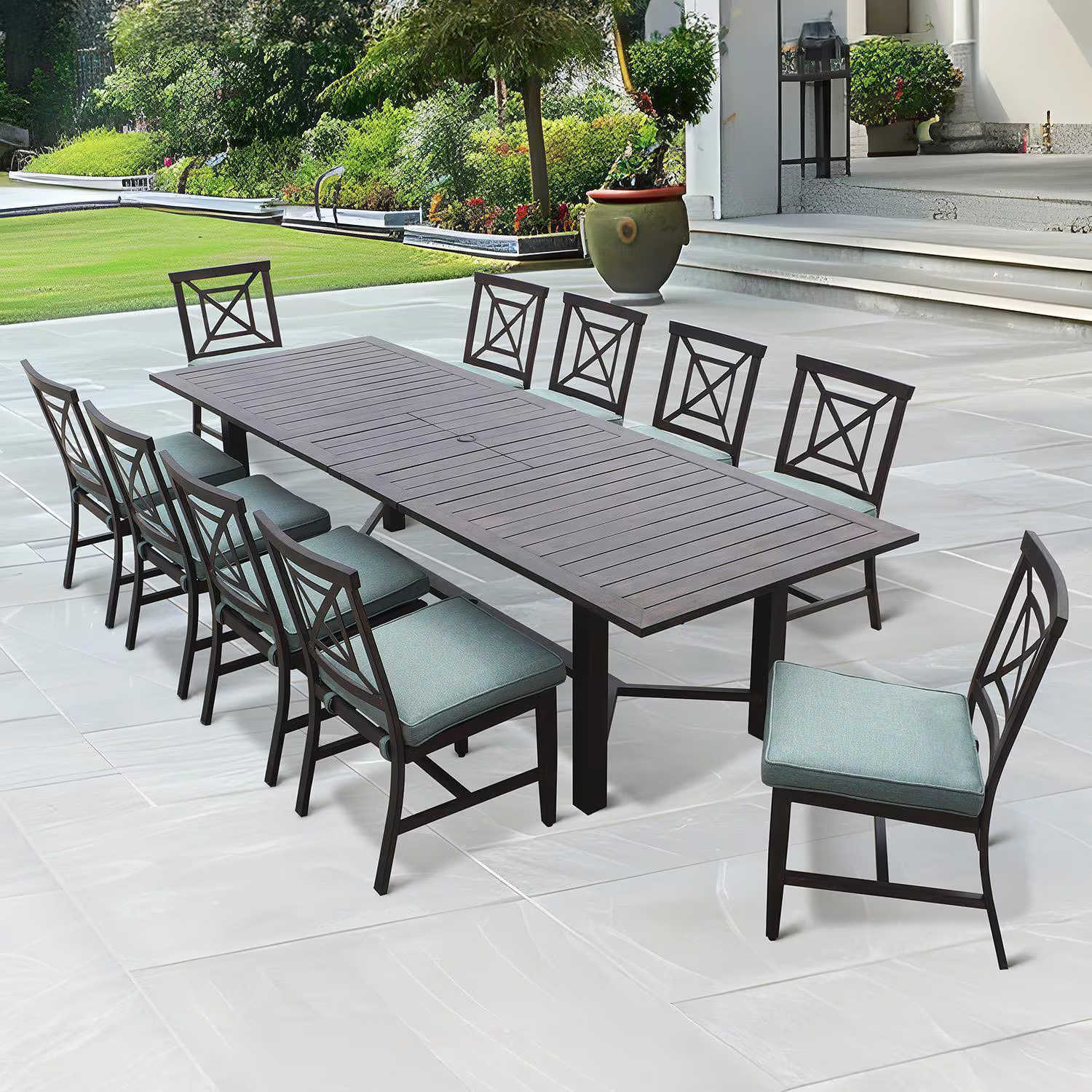 Atlantis 11 Pc Aluminum Dining Set 91 X 40 Inch Extension Table in Walnut/Spa