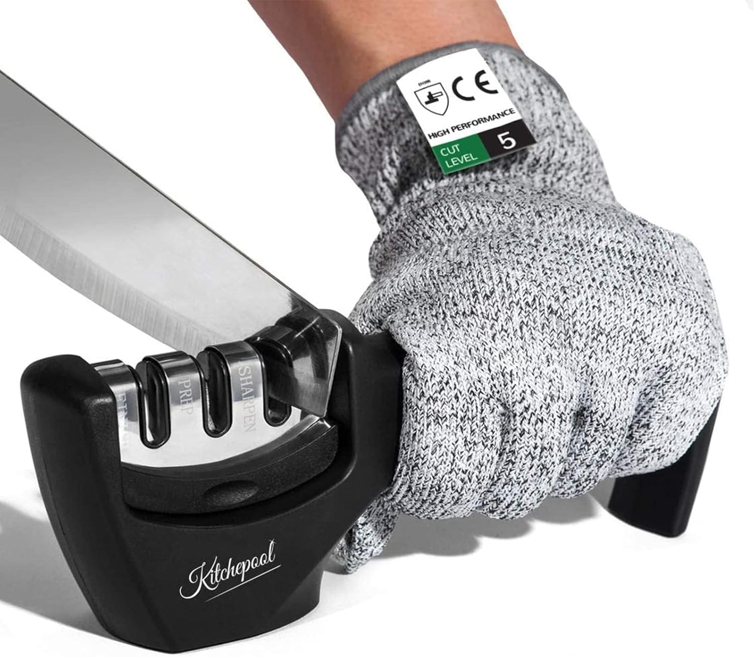 4-in-1 Knife Sharpener with Glove 3-Stage for Kitchen