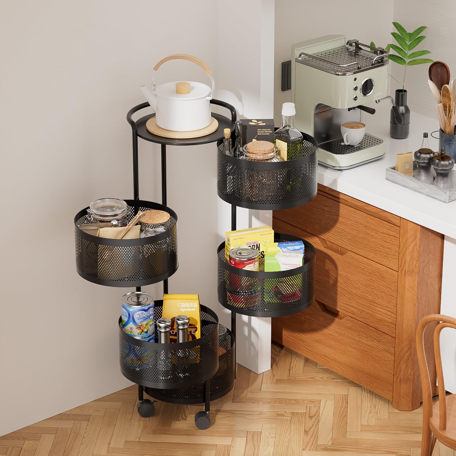 5-Tier Rotating Metal Kitchen Storage Cart on Rolling Wheels Black