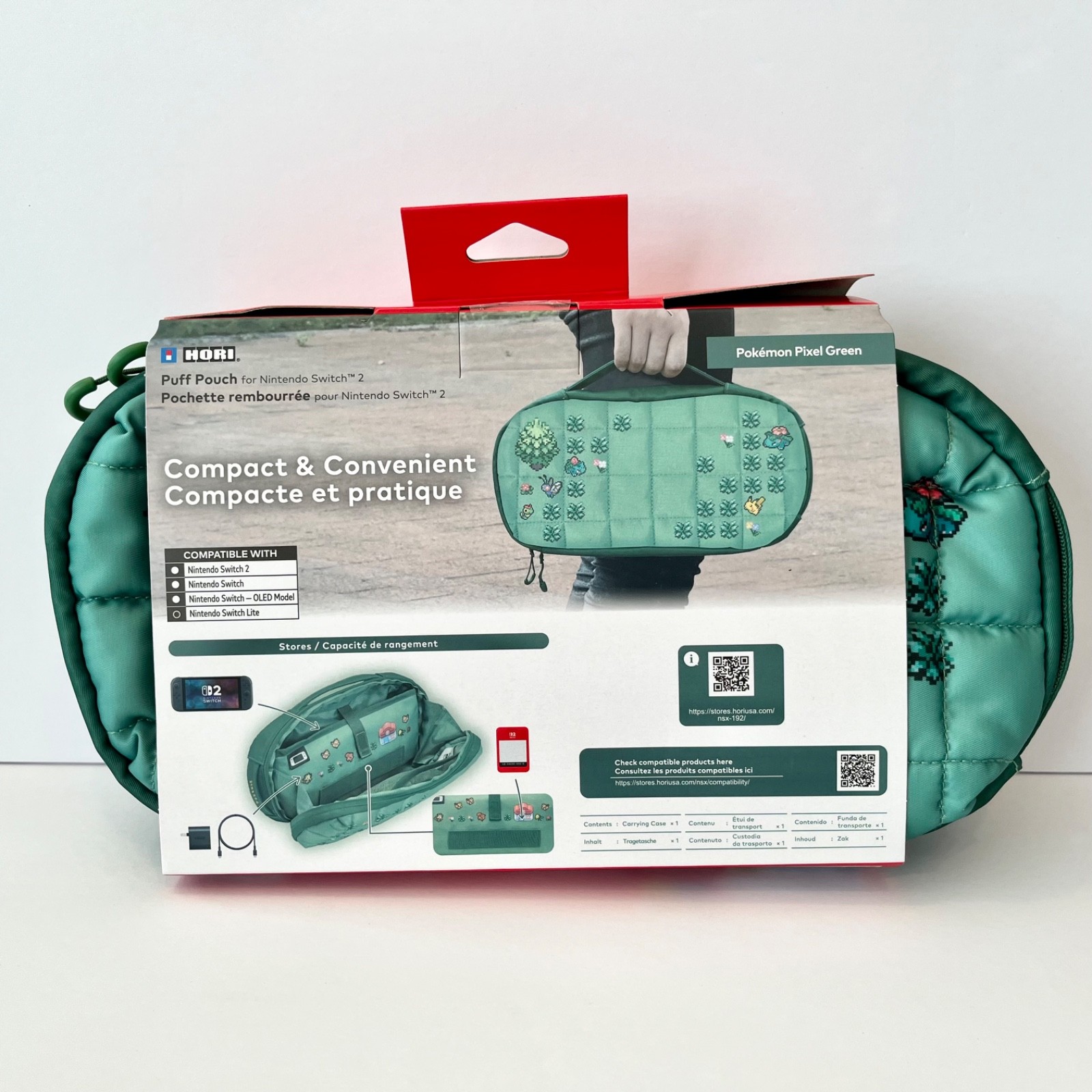 HORI Puff Pouch (Pokemon Pixel Green) for Nintendo Switch 2/OLED/Base Model Case