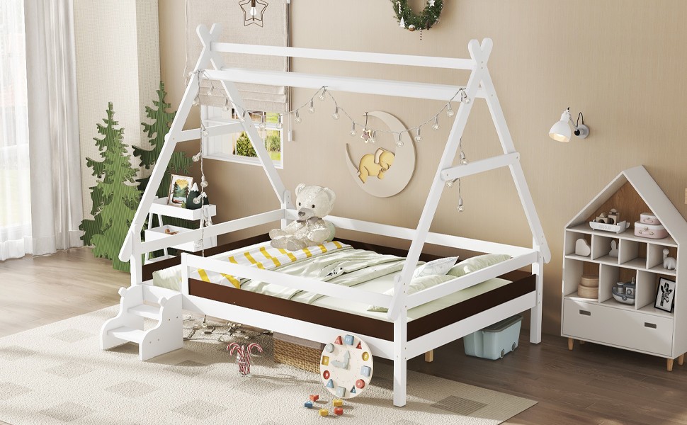 Full House Platform Bed with Stairs, Solid Wood Frame, White