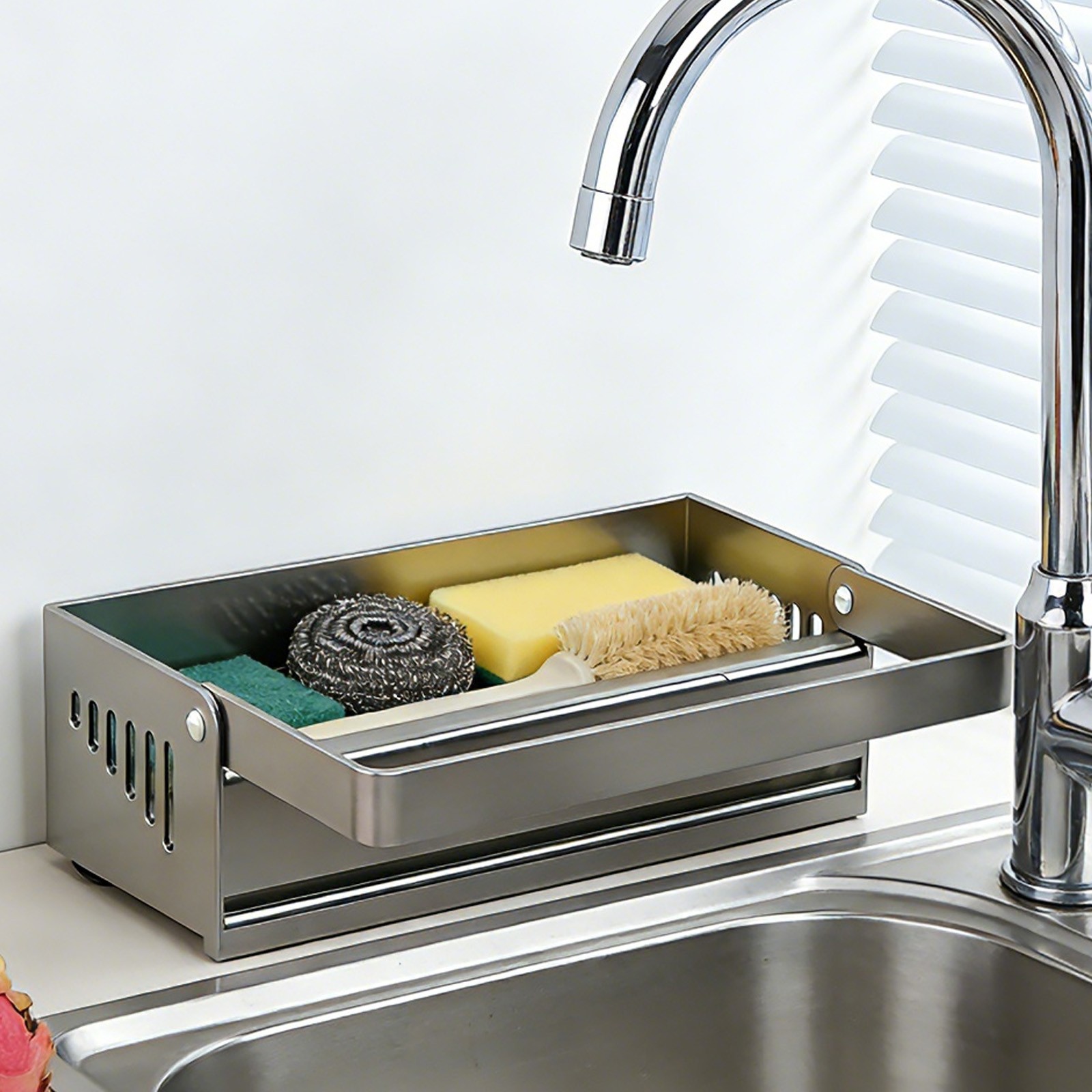 Kitchen Sink Sponge Holder, Kitchen Sink Storage Organizer with Suction Cups