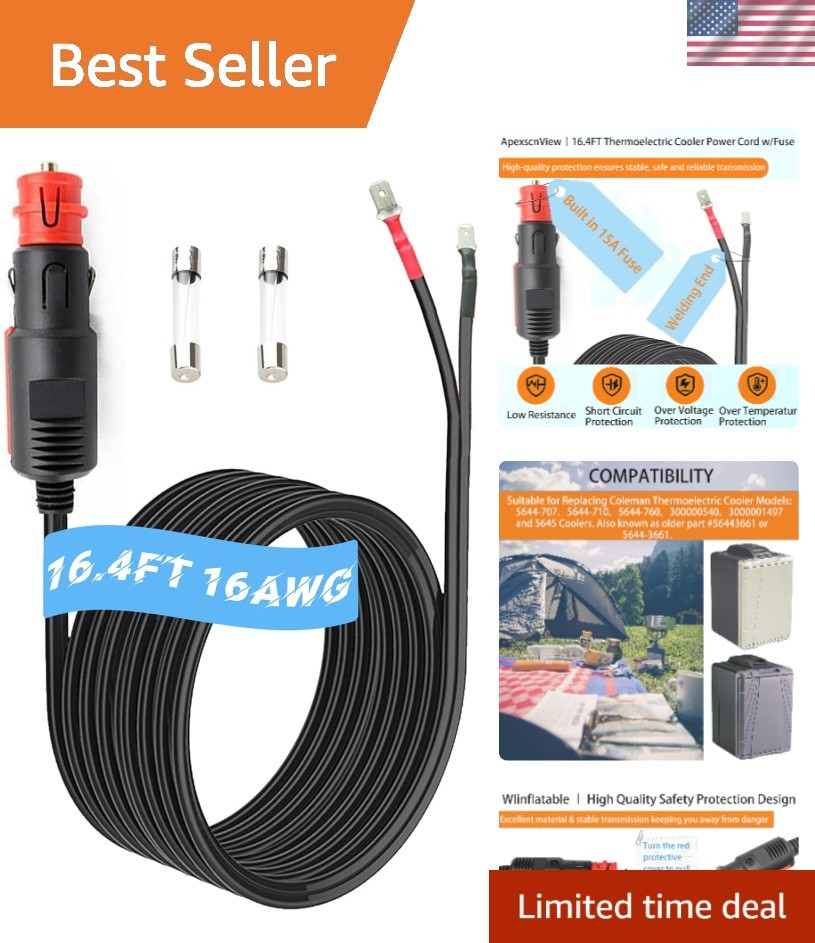 Durable 16.4FT Thermoelectric Cooler Power Cord - Ideal for Travel Enthusiasts