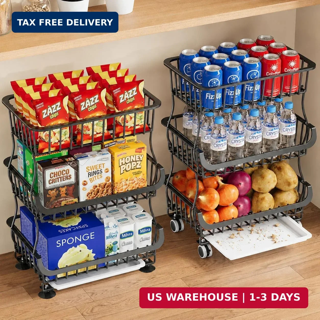 3 Tier Rolling Pantry Floor Organizers and Storage Cart with Wheels, Fruit Baske