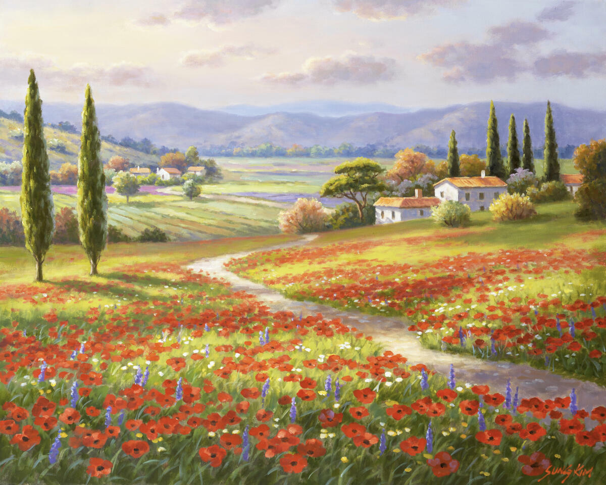 Ceramic Tile Mural Kitchen Backsplash - Poppy Fields-SK - Tuscan Landscape