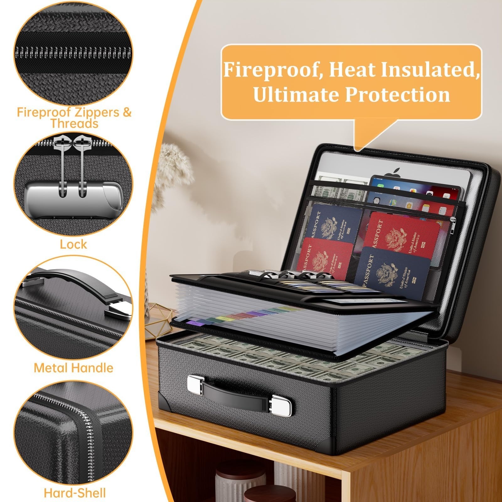 DocSafe 6400°F Fireproof Document Box with Lock, Water Resistant, Black