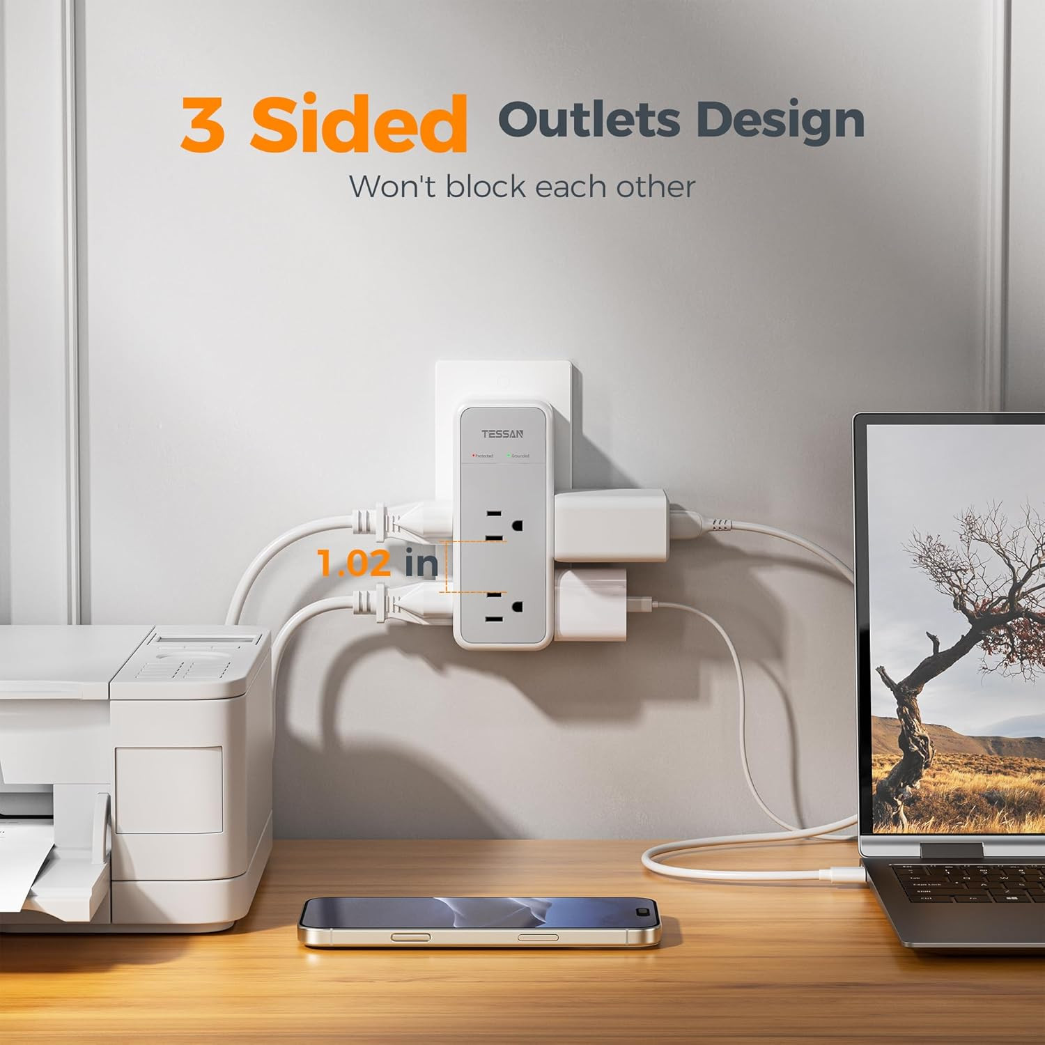 Multi Plug Outlet Extender with 360 Rotating Plug, 1875W Wall Outlet Splitter w