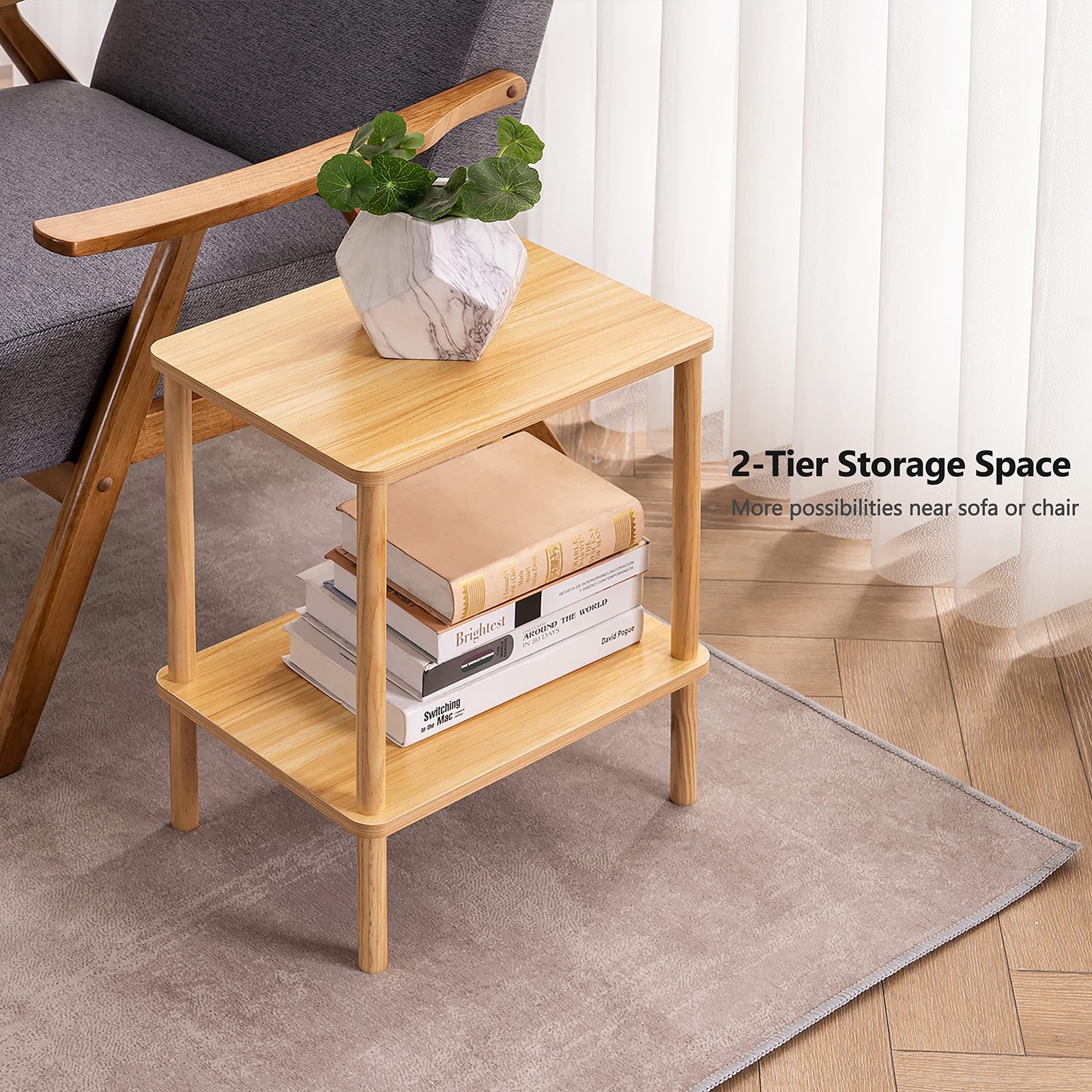 Apicizon 2 Tier End Table, Small Side Table with Solid Wood Legs, Boho Bedsid...