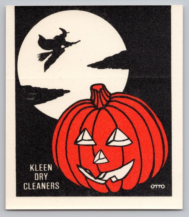 Kleen Dry Cleaners Halloween Advertising Cloth Sticker. Jack o Lantern & Witch