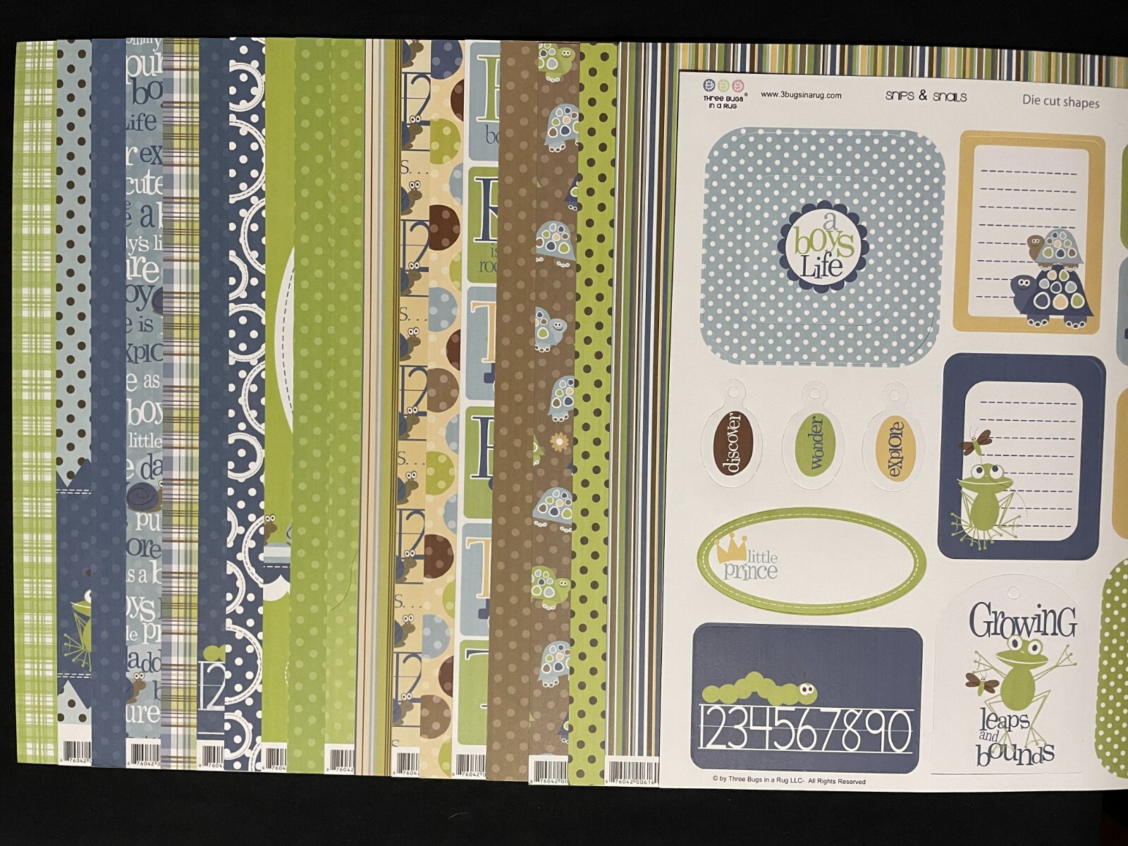 3BUGSINARUG "SNIPS & SNAILS" DOUBLE-SIDED HEAVY PAPERS AND DIE CUT SHAPES