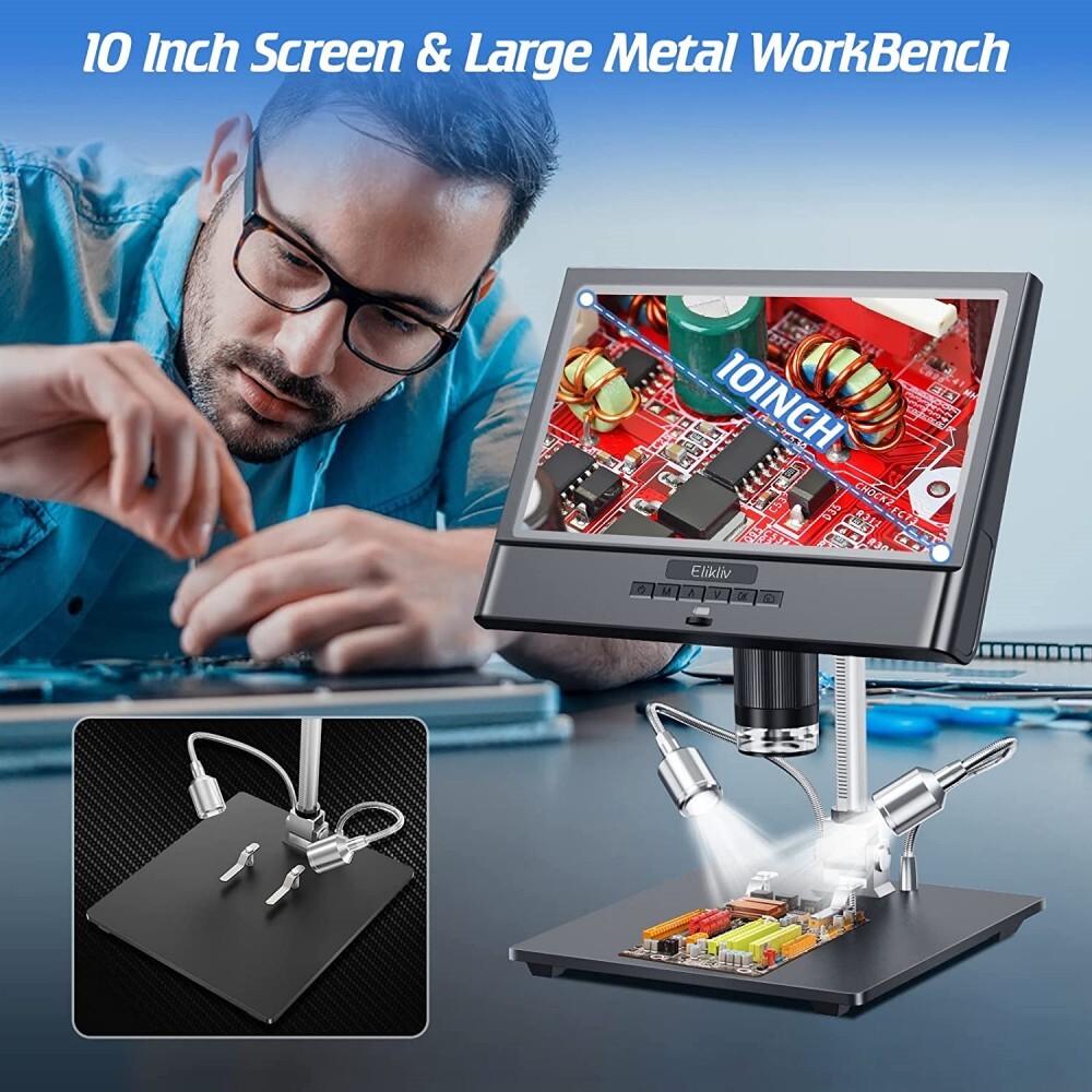 Elikliv Digital Microscope 10'' Screen 1300X Camera Soldering Microscope Adults