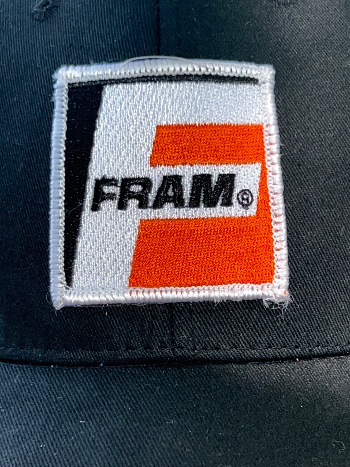 Fram Orange/White/Black Logo Patch on Black Orange Trucker Hat Cap Hook Loop EUC