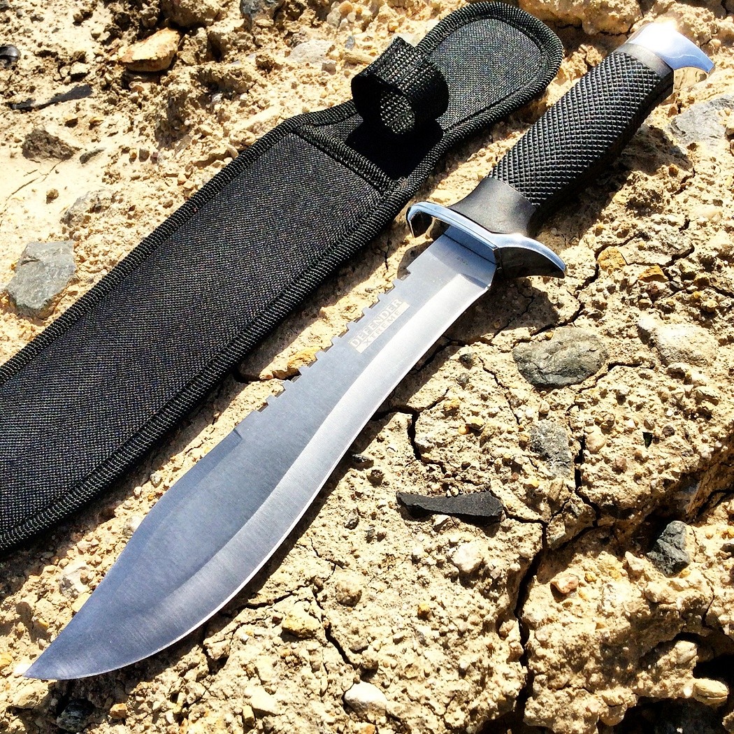 13"" Defender Xtreme Serrated Blade Silver & Black Hunting Knife Sheath