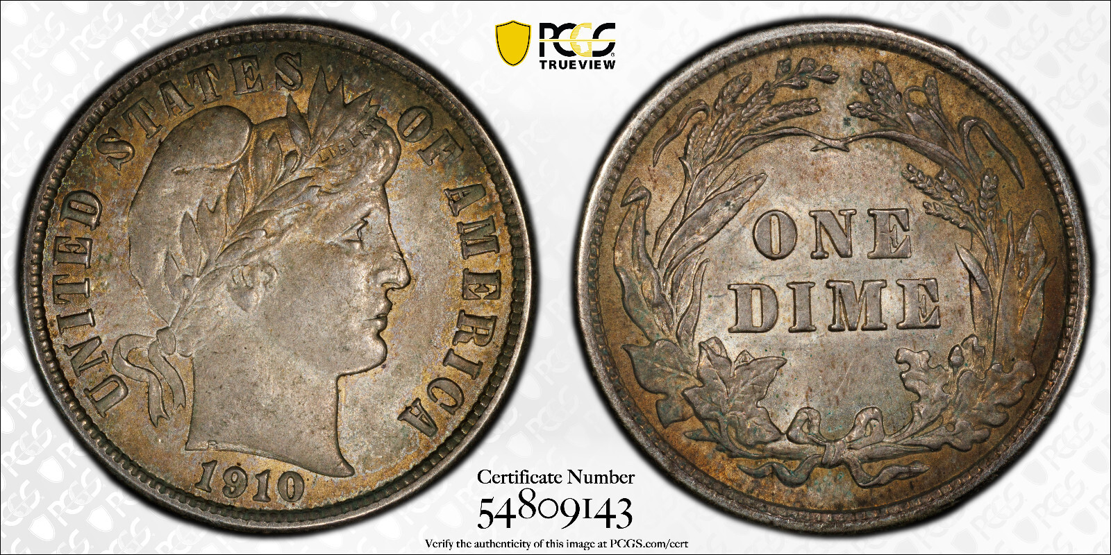 1910 Barber Dime ~ *Toned* ~ Graded PCGS MS62