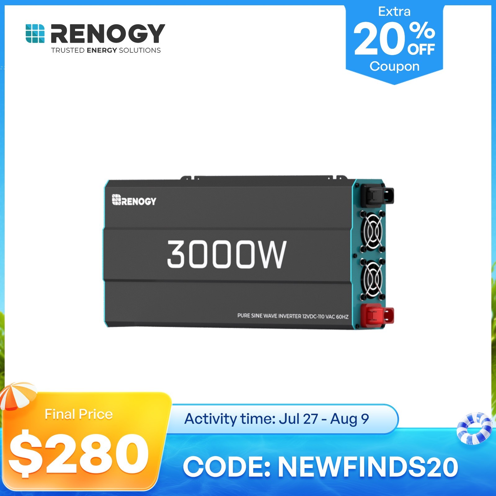 Renogy 3000W Pure Sine Wave Inverter 12V DC to 120V AC Converter Remote Control
