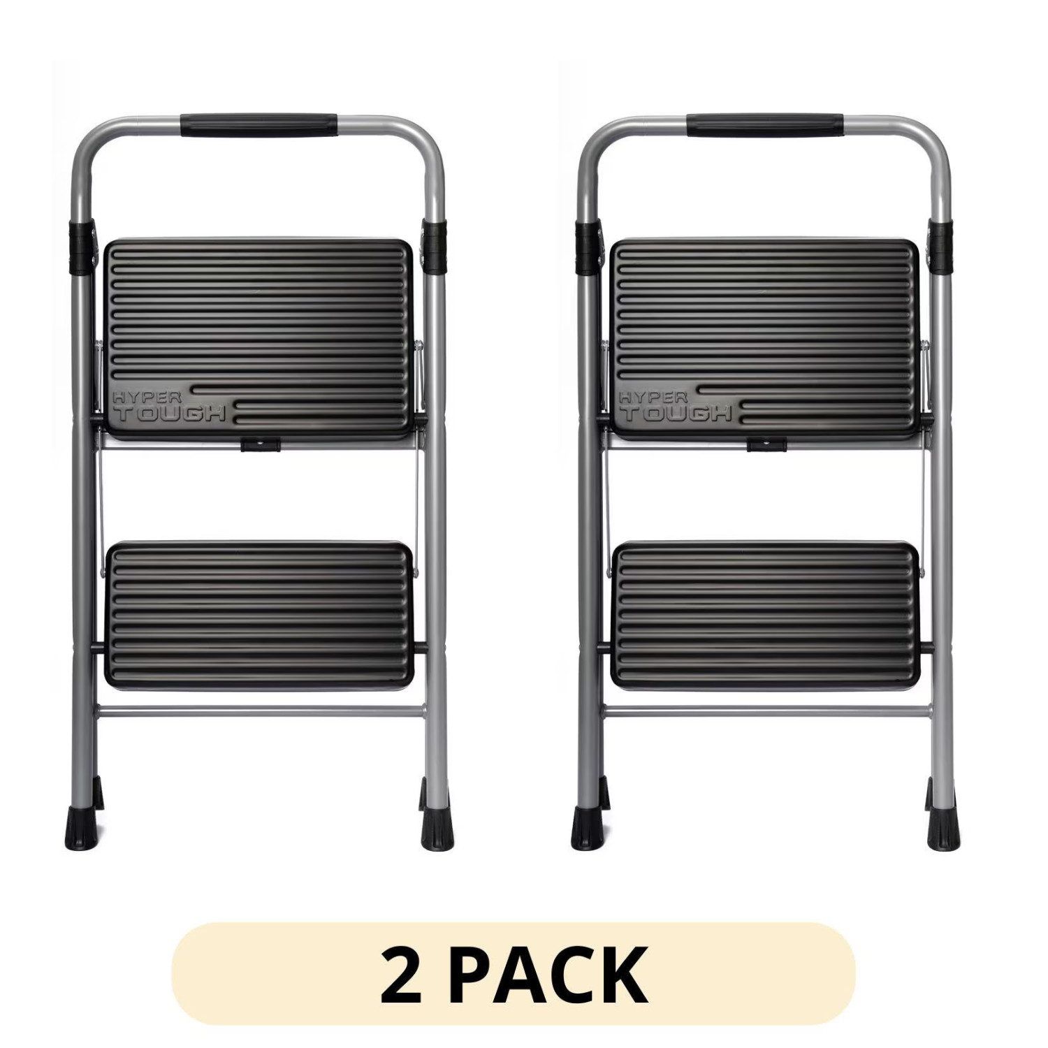 2 Pack Heavy Duty Folding 2 Step Steel Stool Platform 225 lb Capacity Gray Black