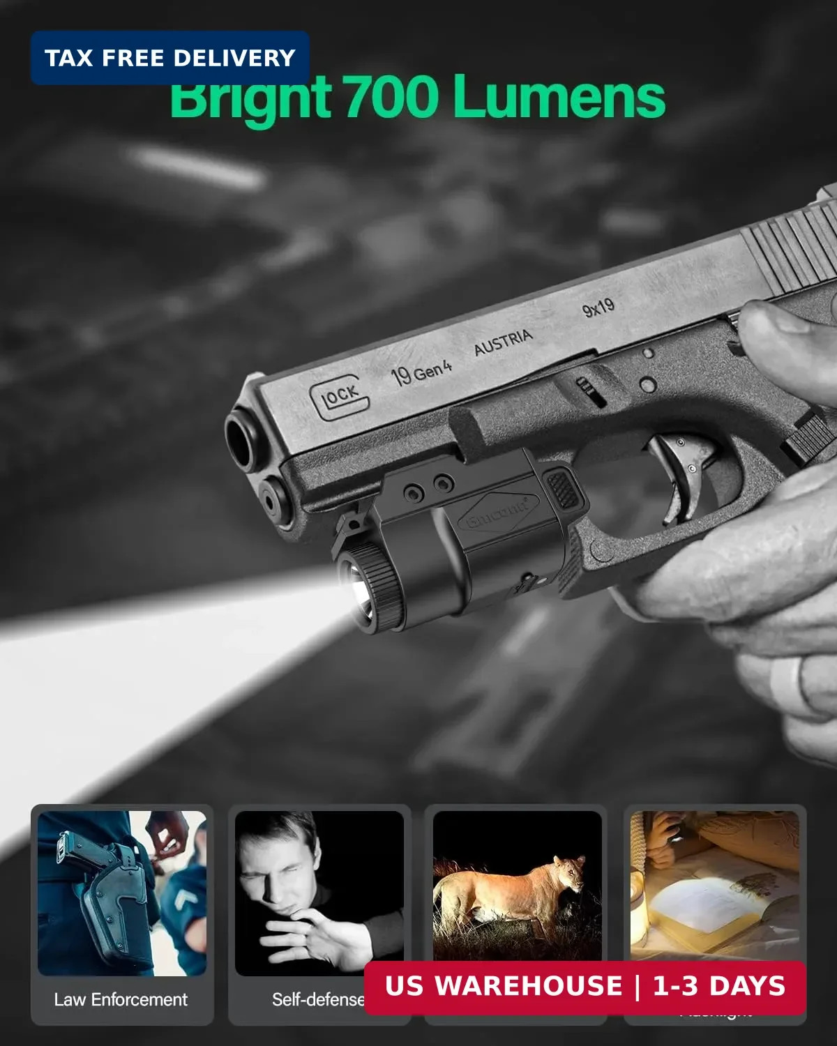 700 Lumen Pistol Light, Compact Adjustable Rail Mounted Flashlight Mini W