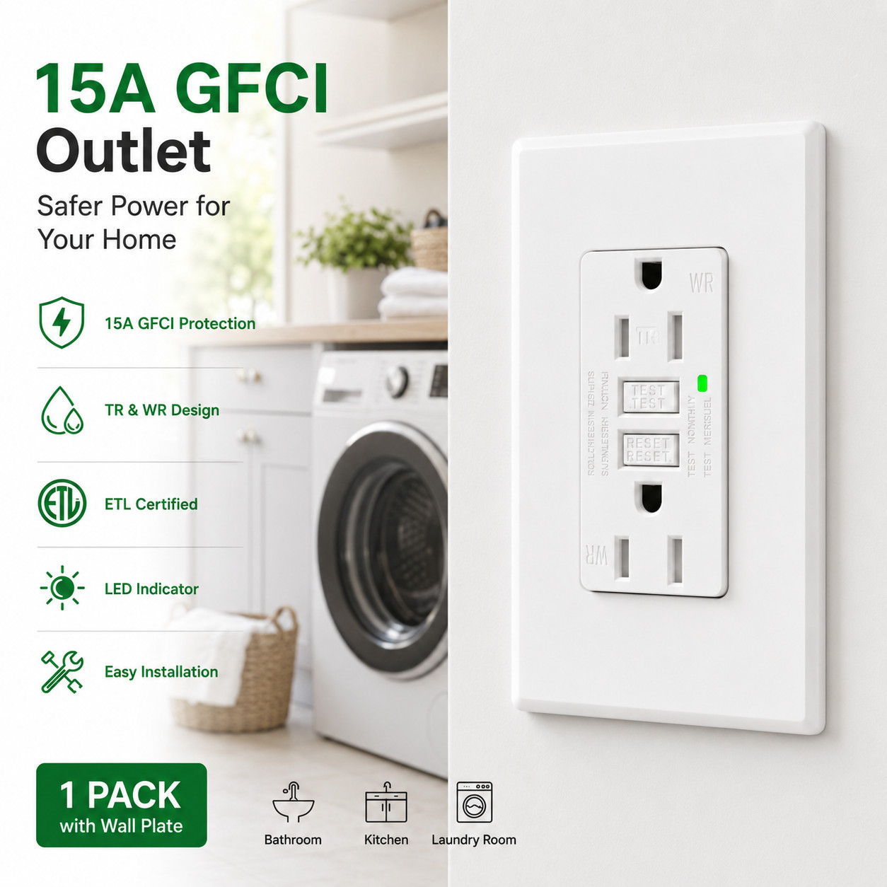 GFCI Outlet 15A Wall Receptacle Tamper Resistant TR WR w/ Wall Plate ETL 1Pack