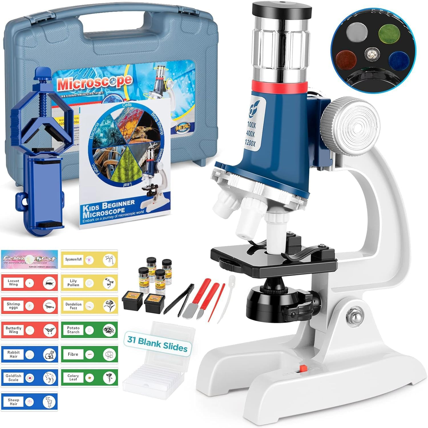 58-Piece Kids Microscope Kit - 100X-1200X Magnification, Metal Body, LED Light,