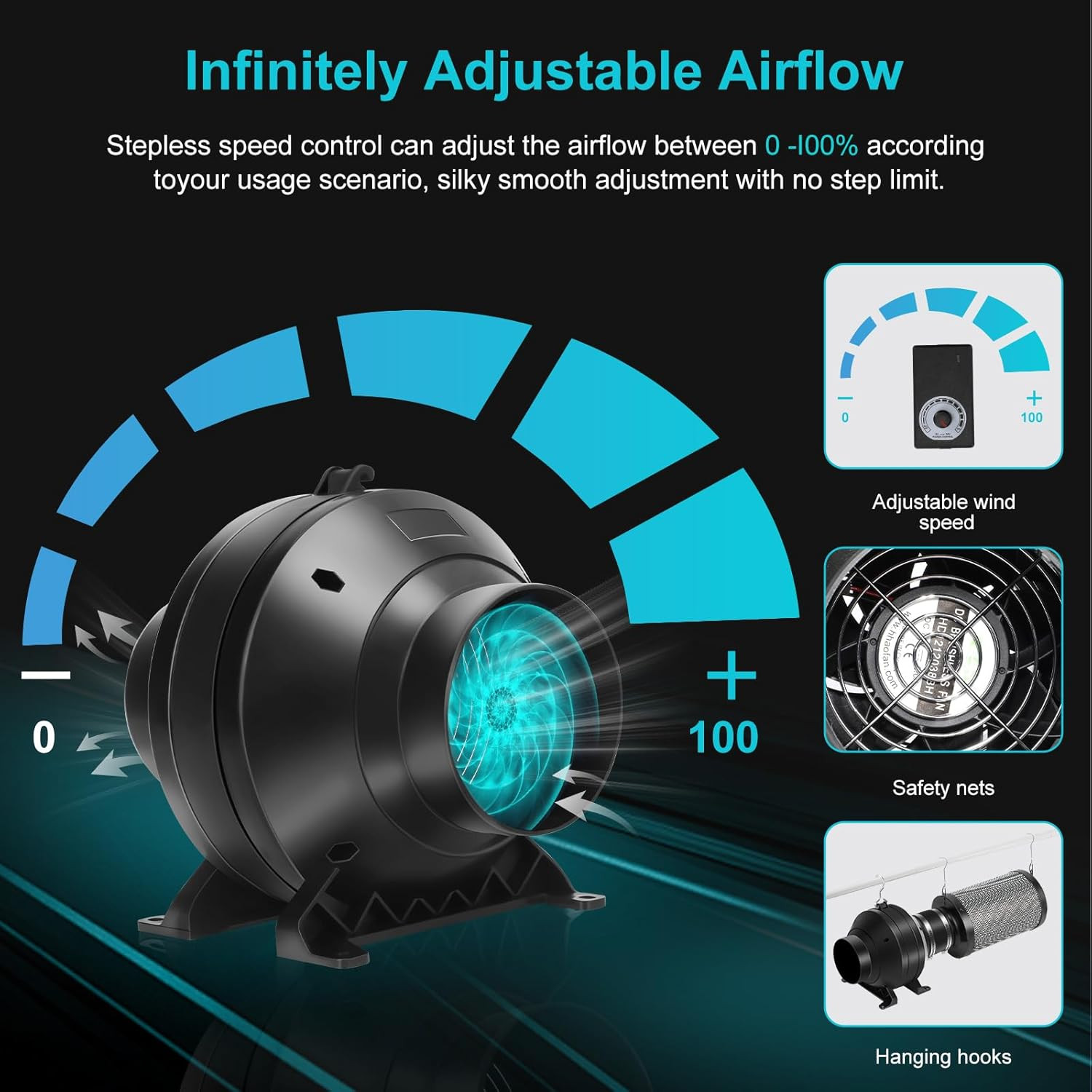 4" Inline Duct Fan 190 CFM with E12 Speed Controller for Ventilation Systems