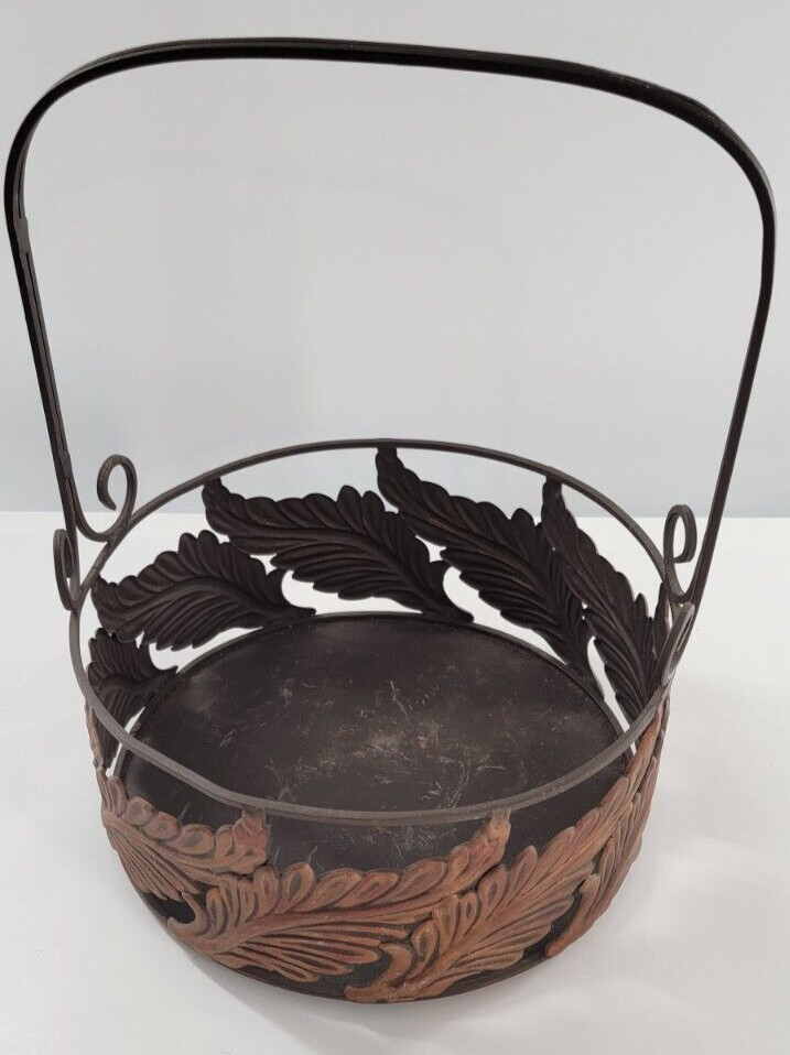 Metal Copper Round Basket With Handle Rustic Leaf Pattern Footed 10 x 13