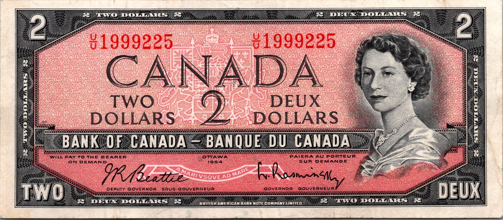 Canada 2 Dollars 1954 "Fancy Serial" BC-38B XF