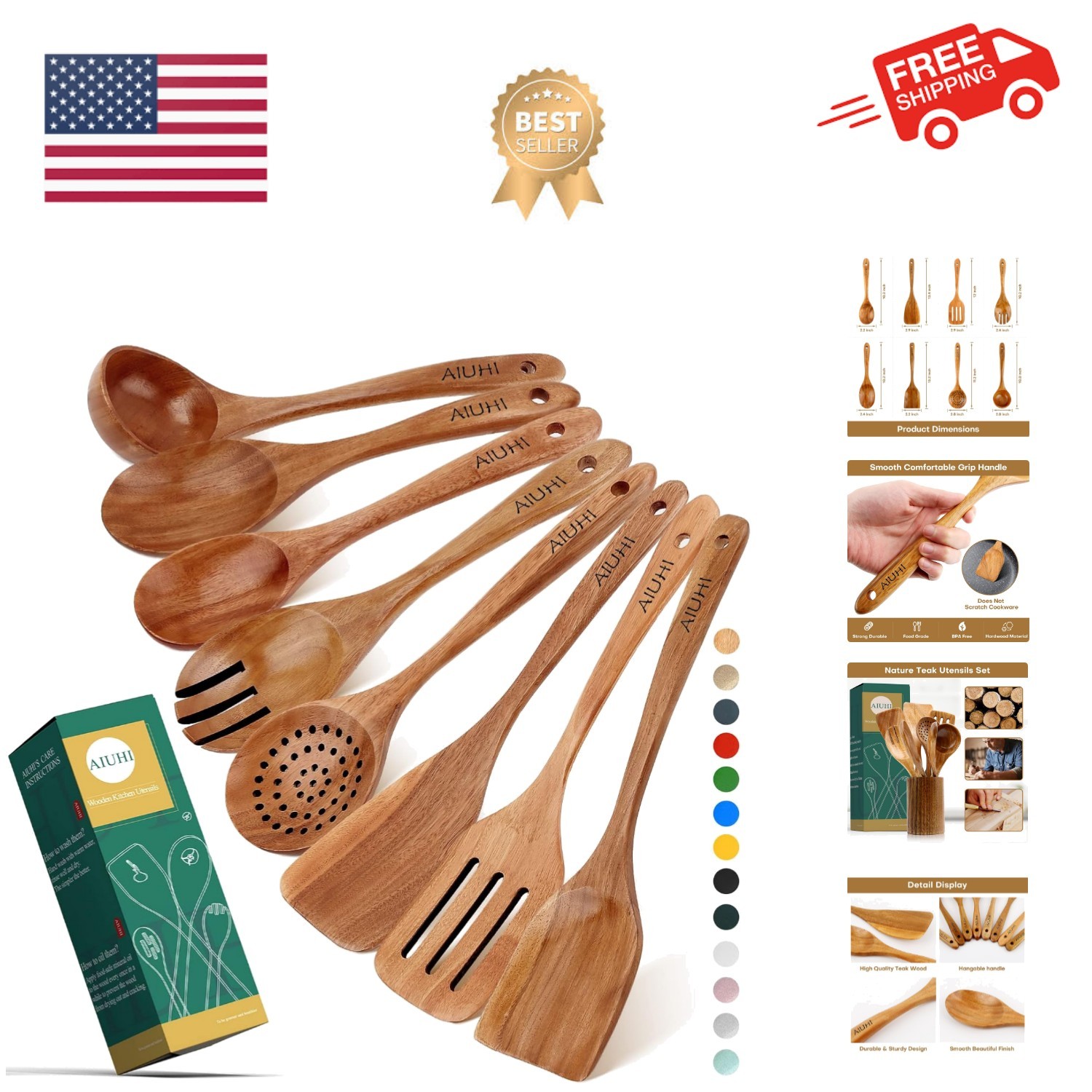 Wood Spoons for Cooking, Nonstick Kitchen Utensil Set, Wooden Spoons Cooking ...