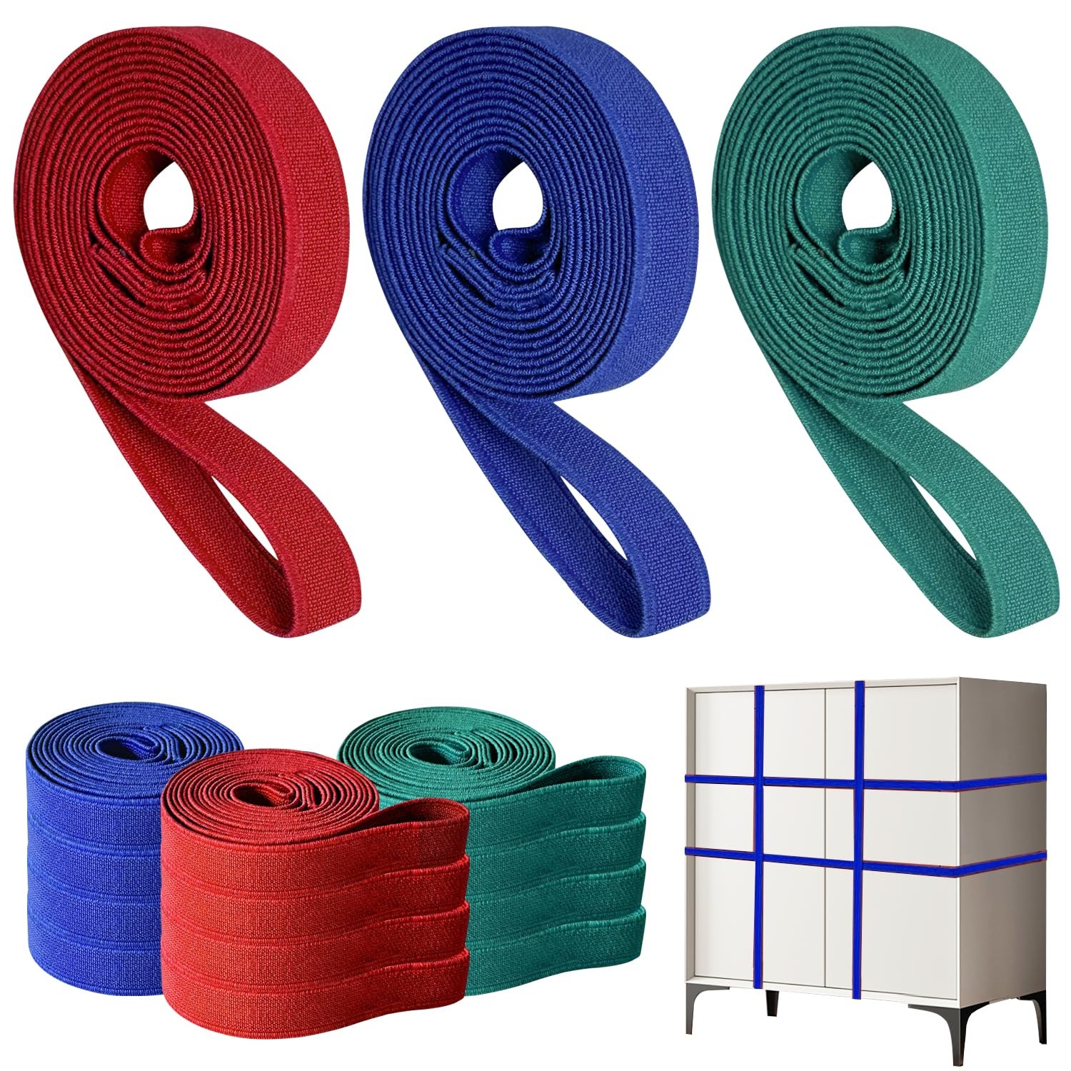 12 Pack Extra Large Moving Rubber Bands,42" 36" 12 Pack, Red, Blue, Green