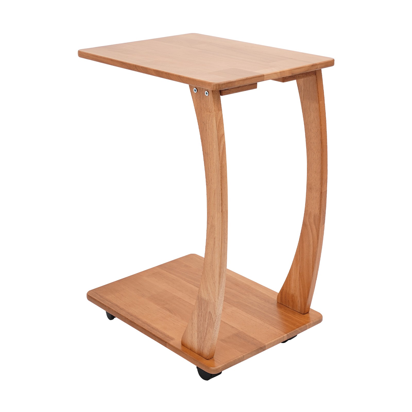 Solid Wood End Table With Rolling Wheels, C Shaped Side Table, Tv Tray Table