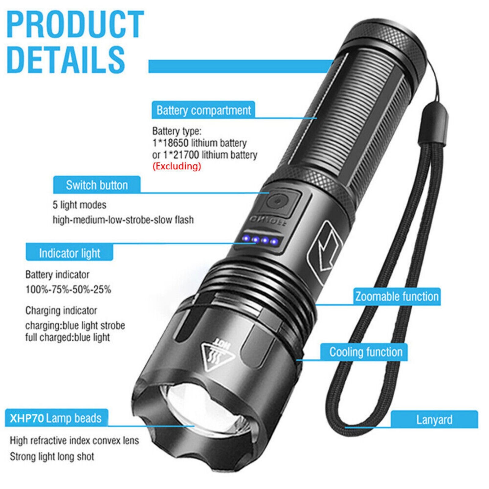 LED Flashlight 1000 lumens Super Bright Tactical Rechargeable Retractable Zoom