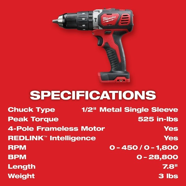 Milwaukee Tool 2607-20 M18 Compact 1/2" Hammer Drill/Driver