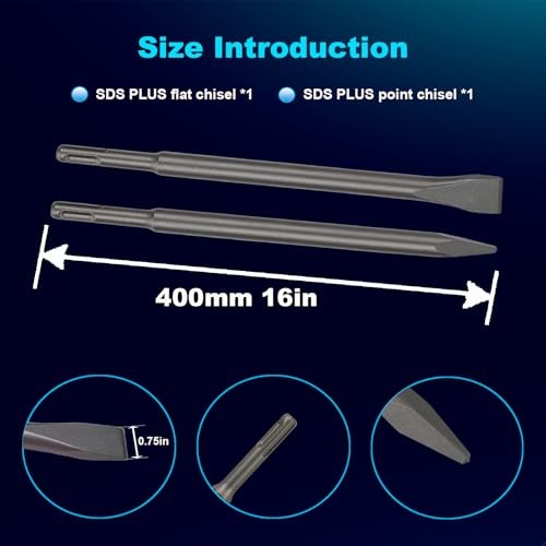 16" SDS Plus Chisel Set, 3/4" Flat Chisel and Point Chisel with Sds Plus Shank