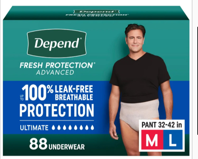 Men Med / Large Depend Fresh Protection Underwear 88-count: waist 32" - 42"  CWS