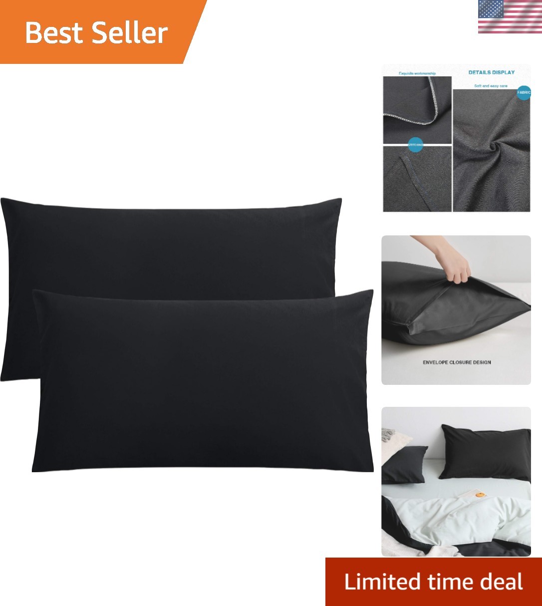 2-Pack Microfiber King Pillow Cases, Envelope Closure, Black | 20 x 36 Super ...