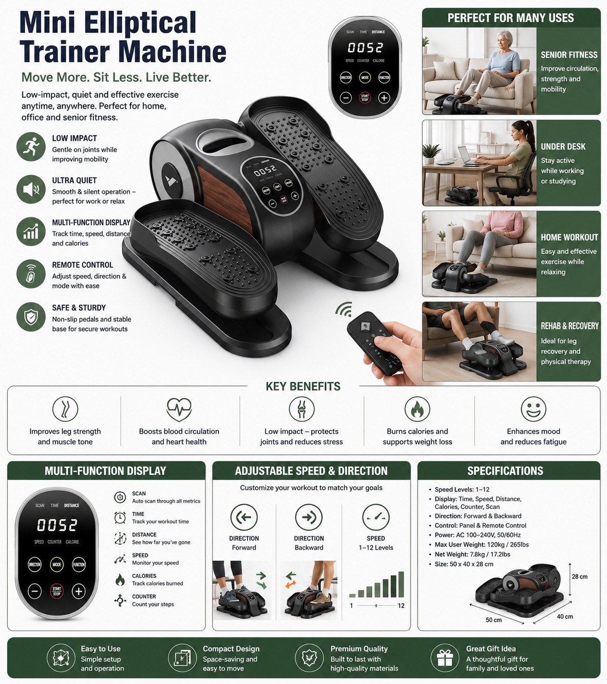 Under Desk Elliptical Machine, Leg Exerciser While Sitting for Seniors with 12-S