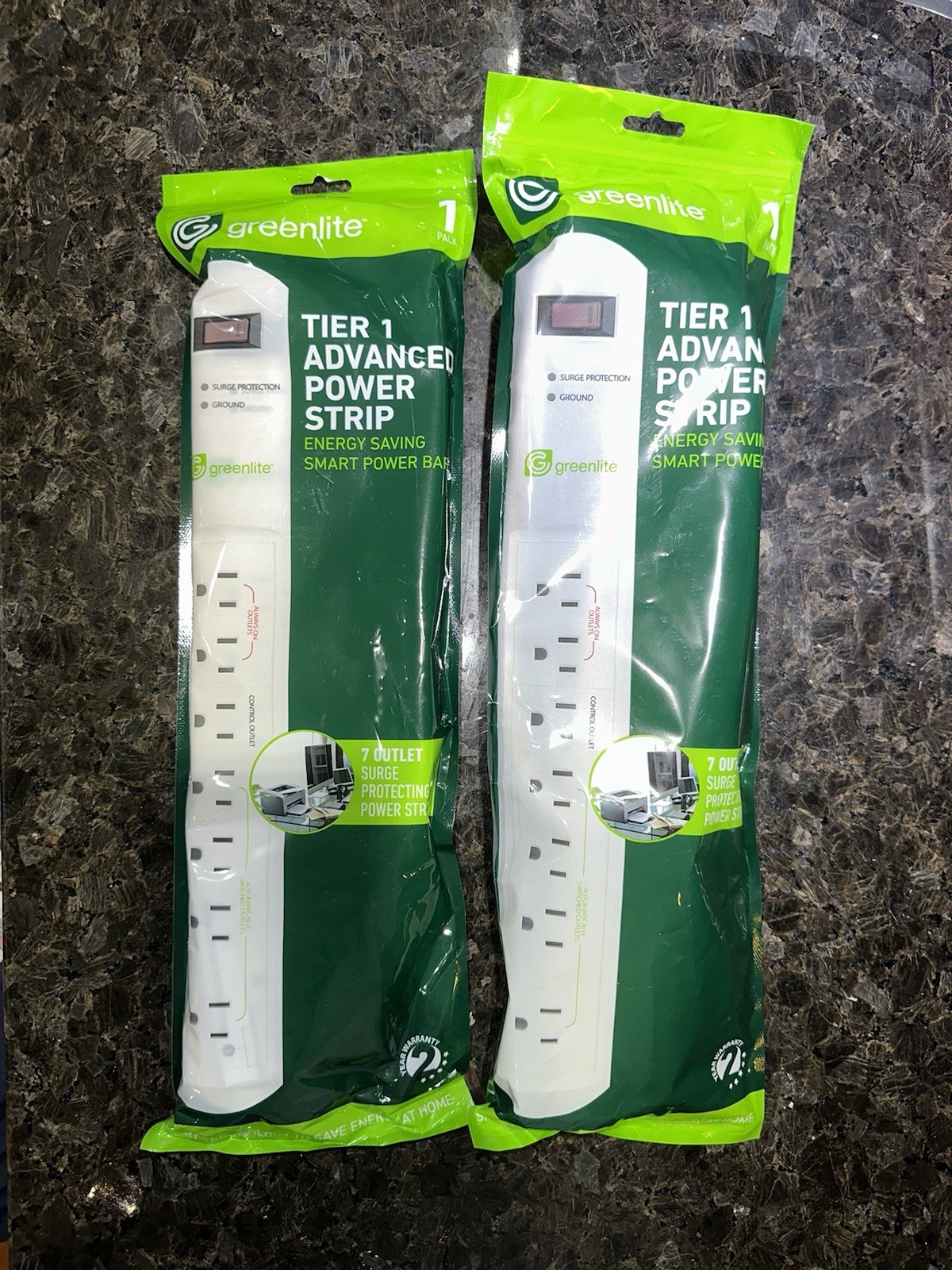 Greenlite Tier 1 Advanced 7 Outlet Surge Protecting Power Strips. Quantity: 5