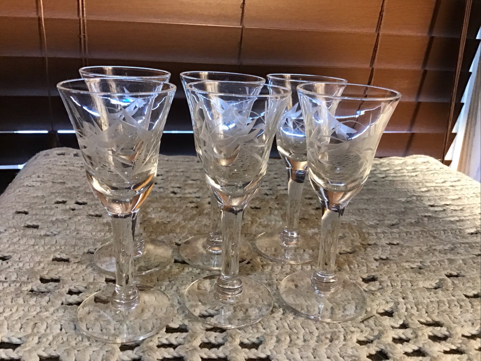6 Fuschia Etched Clear Crystal One Ounce Cordial Shot Glasses