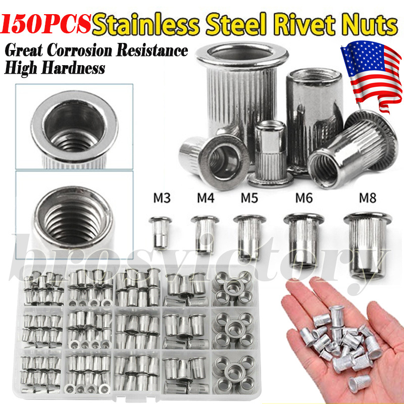 150PCS Stainless Steel Flat Head Threaded Rivet Nuts Blind Nutserts Kit M3-M8