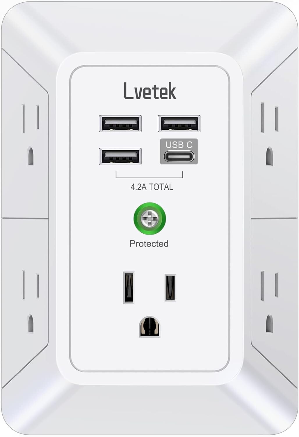 USB Wall Charger, LVETEK Surge Protector 5 Outlet Extender with 4 USB Ports 3 Si