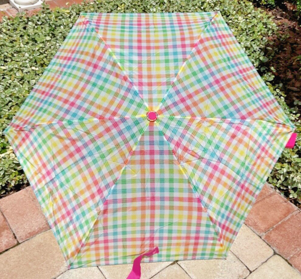 BETSEY JOHNSON  WOMEN'S UMBRELLA  RAINBOW GINGHAM AUTOMATIC OPEN NWT