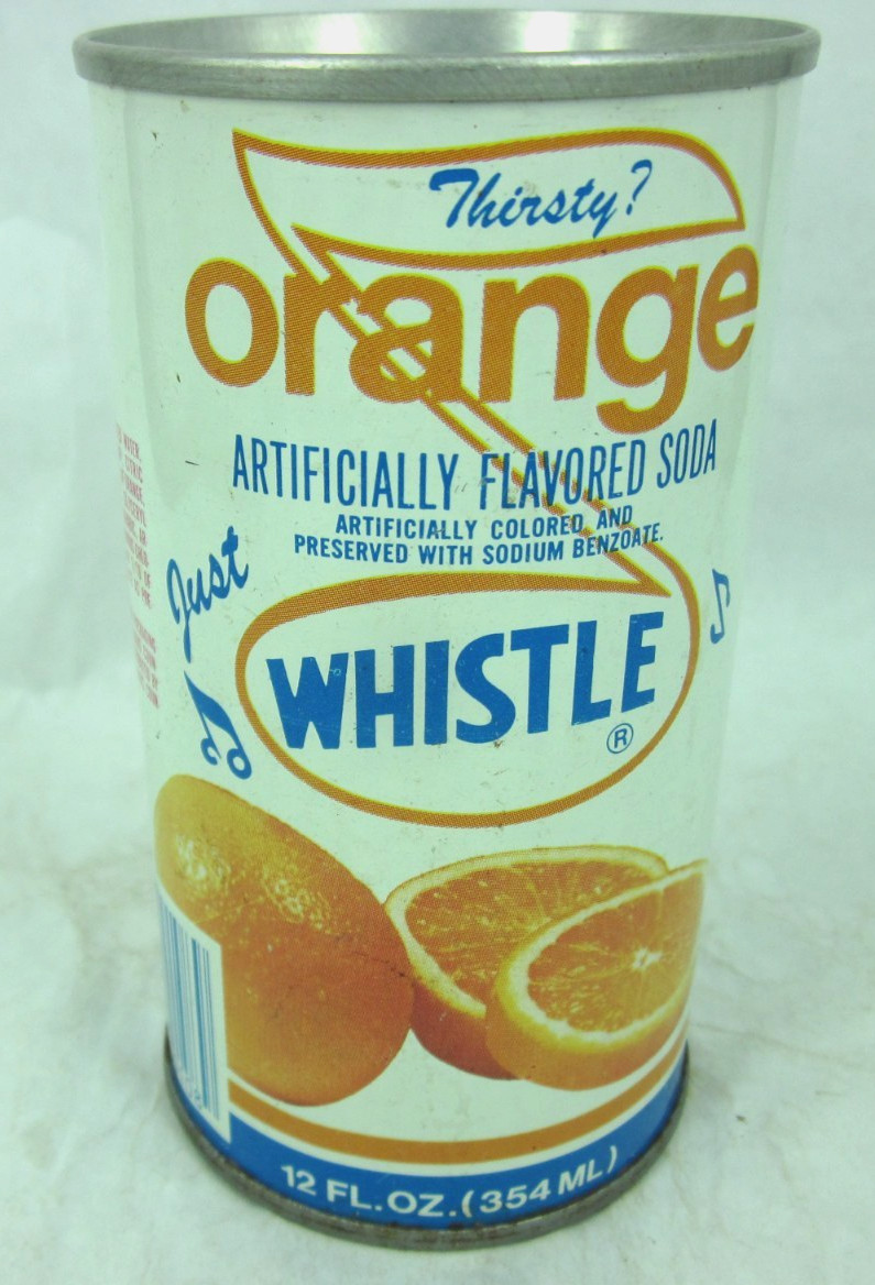 Thirsty?  just WHISTLE orange soda pop can straight steel bar code St Louis MO