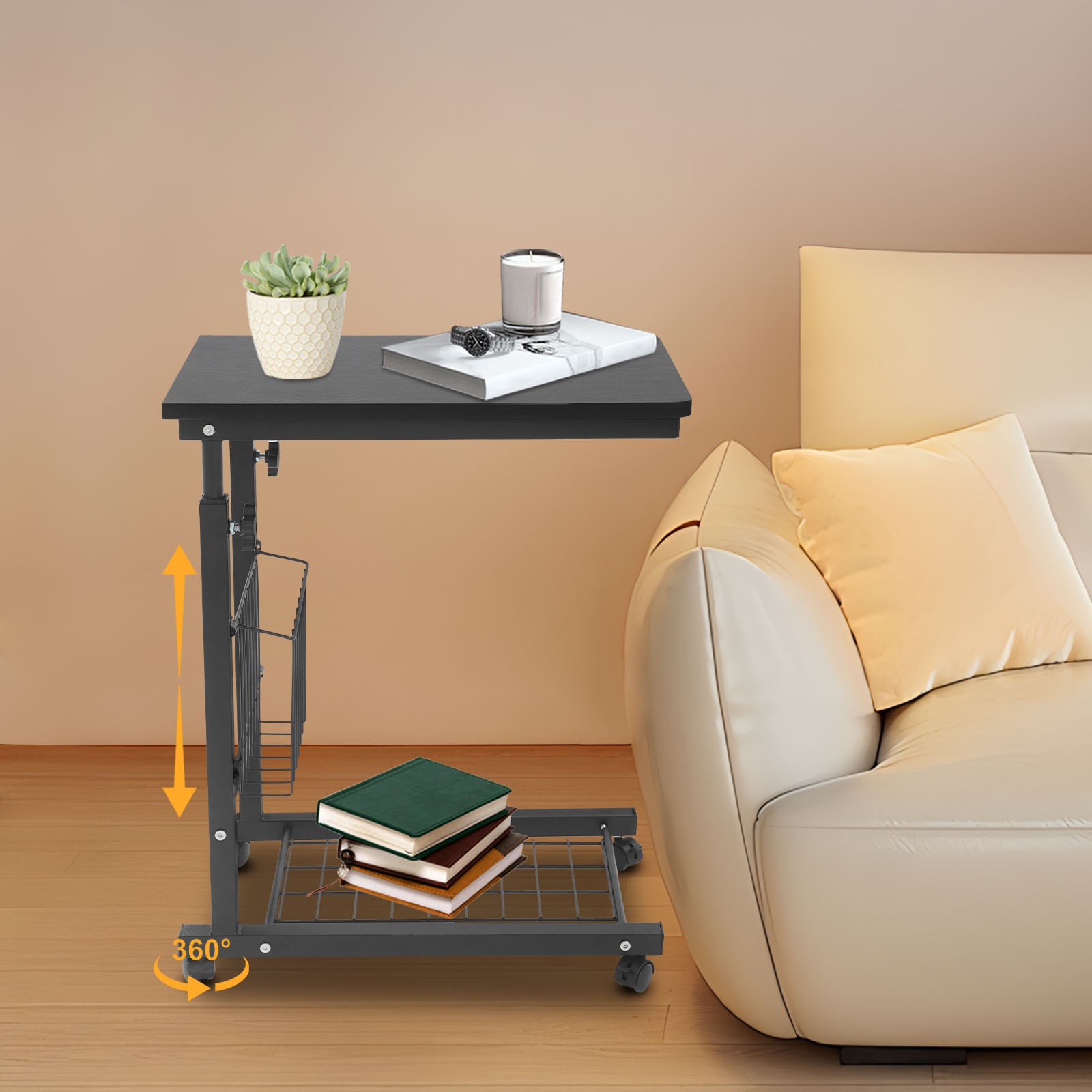2 Tiers Adjustable Bed Side Table Black Indoor Mobile Standalone Table w/ Wheels