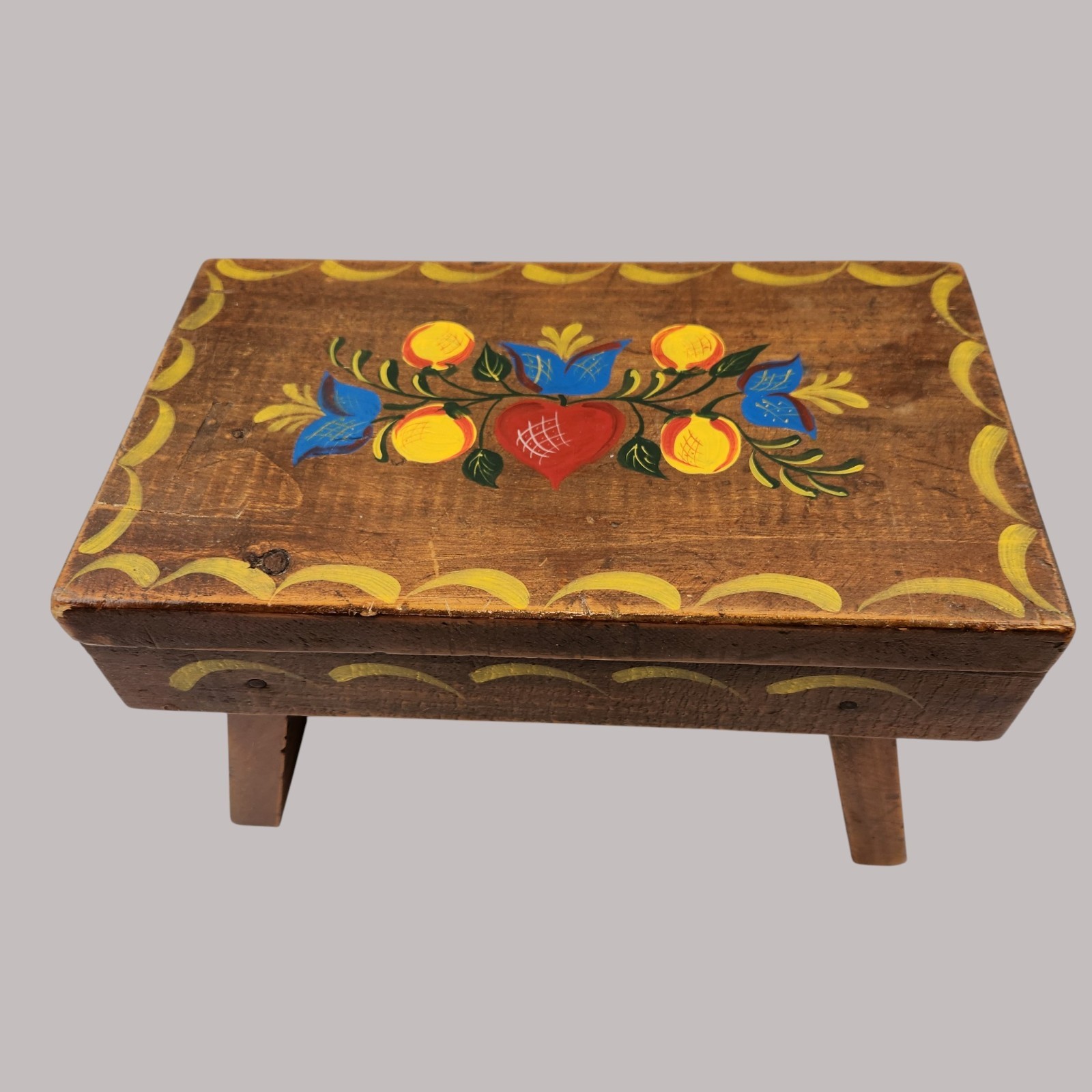 Hand Painted Wood Footstool VTG 1940s-60 A Lamplighter Product Rustic Farmhouse