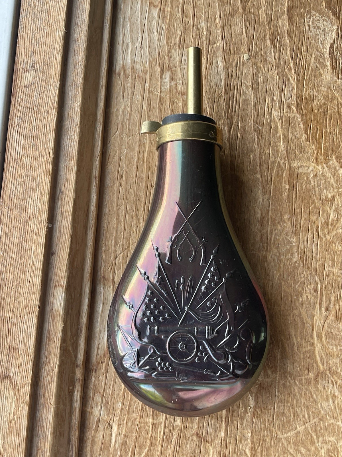 Vintage Italian Black Powder Flask Military Motif Brass Spout 60 Gr