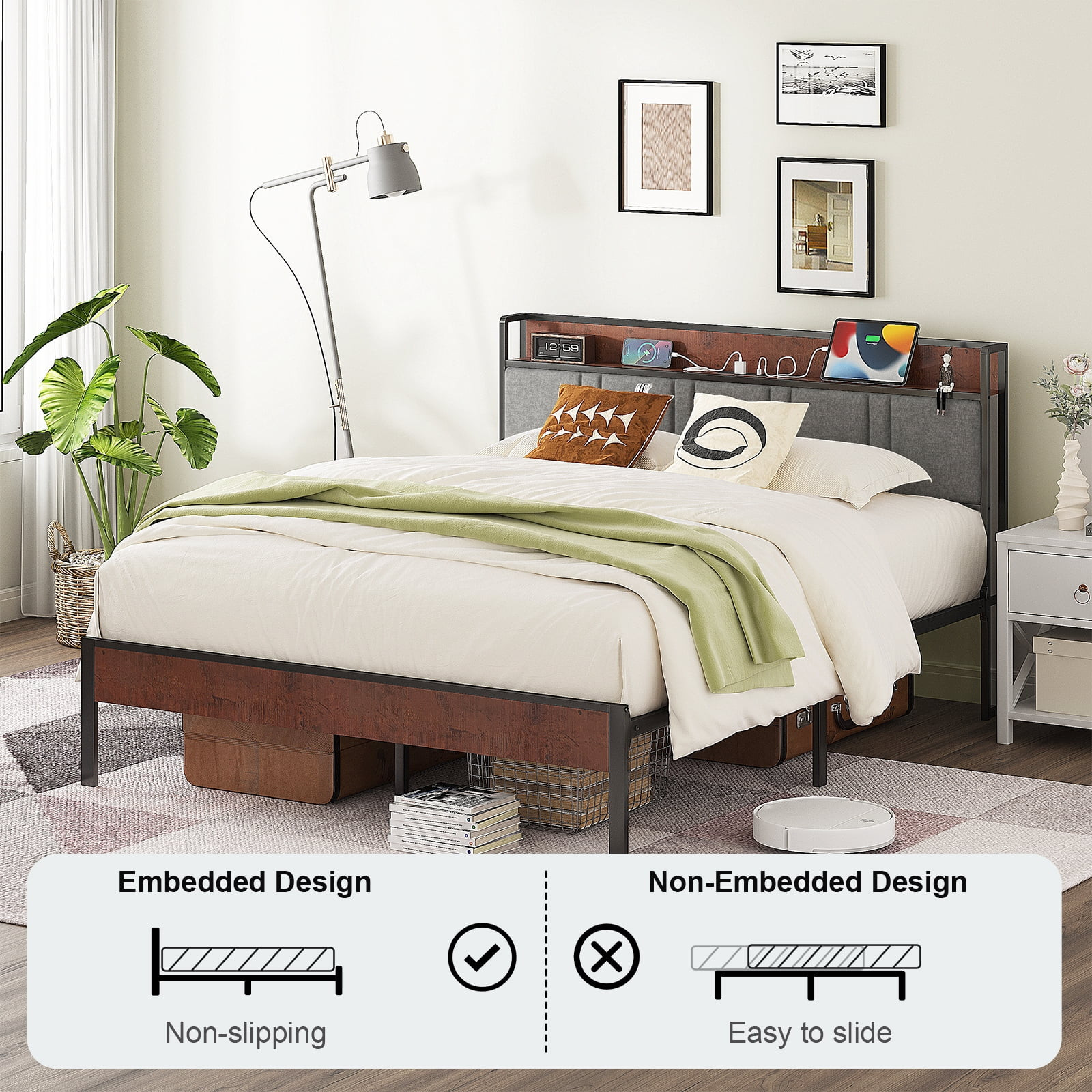 Queen Bed Frame, Platform Bed Queen Size with Charging Station and Storage Uphol