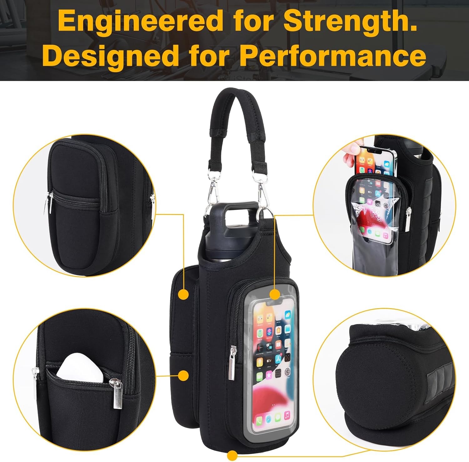 Magnetic Gym Bag for Men & Women - Water Bottle Holder, Crossbody Strap, Touchsc