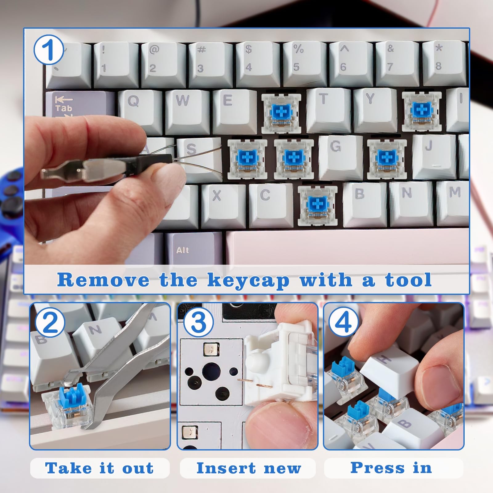 50 PCS Blue Keyboard Switches 3Pin Clicky Tactile Replacement Kit Puller