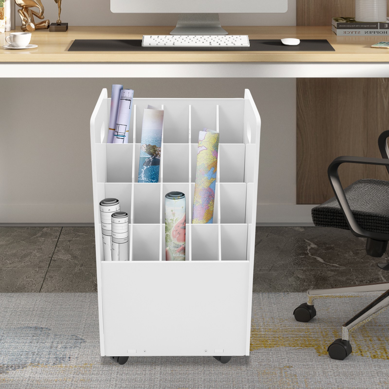 20-Slot Rolling File Organizer Cart, Mobile Blueprint Storage Holder w/ Wheels