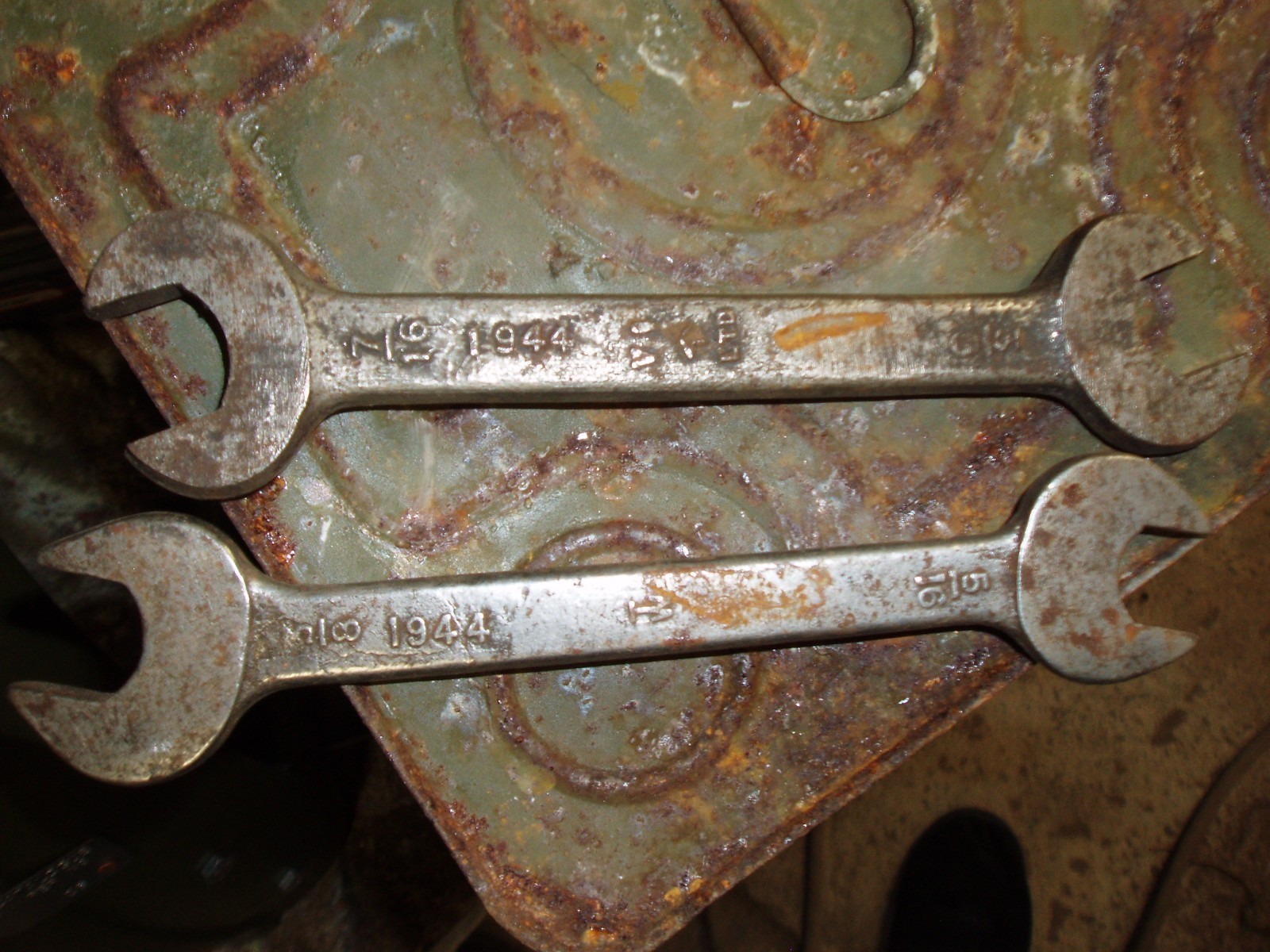 Two WW2 ex-WD military whitworth open ended wrenches spanners dated 1944