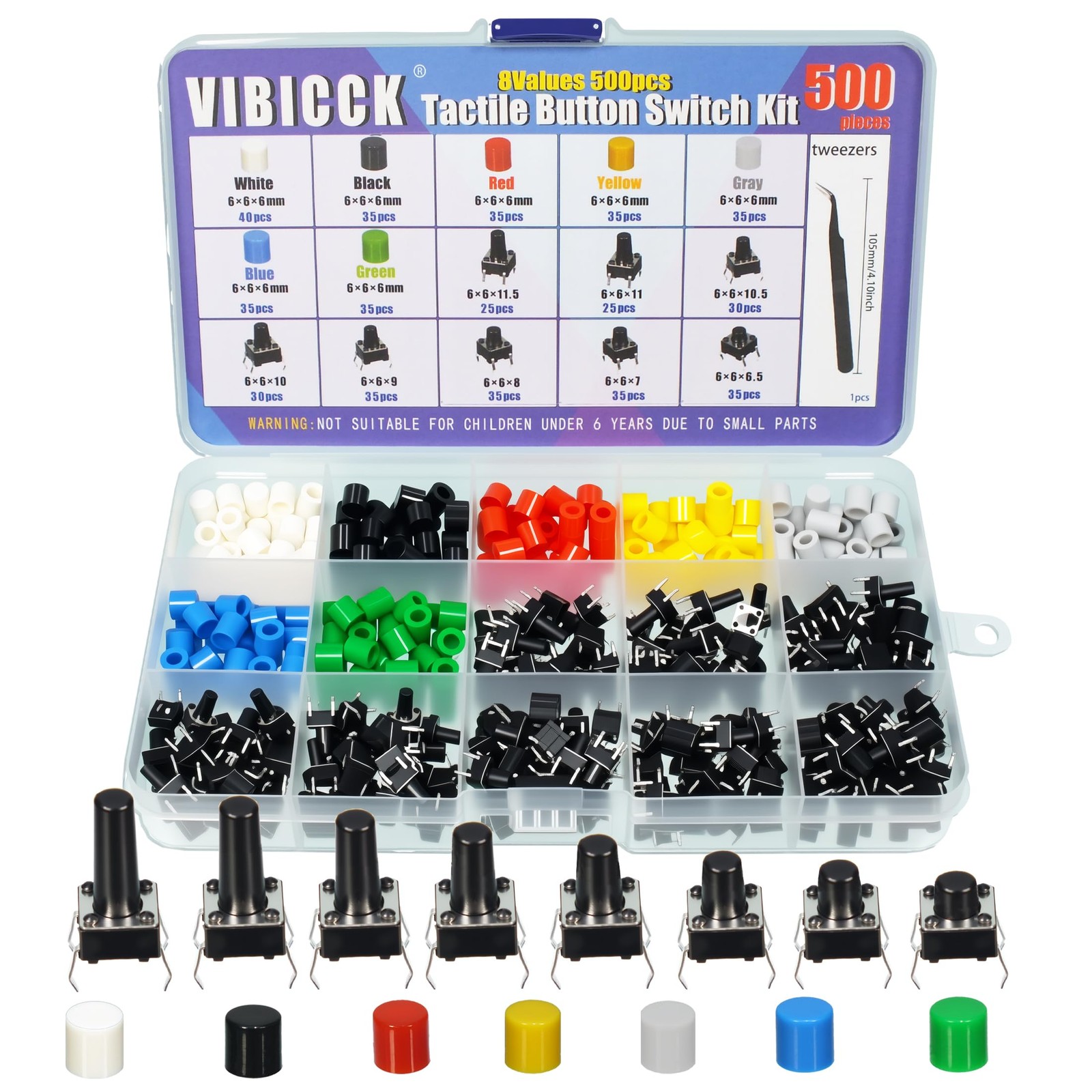 500 PCS 8 Value 6x6mm Tactile Push Button Momentary Switch With 7 Color Cap